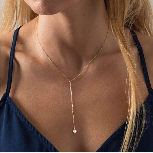 Gold 14k Gold Plated Faux Pearl Lariat Necklace - Picture 2 of 4